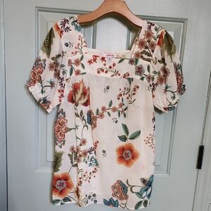 Johnny Was Cream Floral Square-Neck Puff Sleeve Tunic